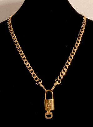 Gold Tone 31" Long Flat Curb Link Chain + Louis Vuitton LV Lock & Key