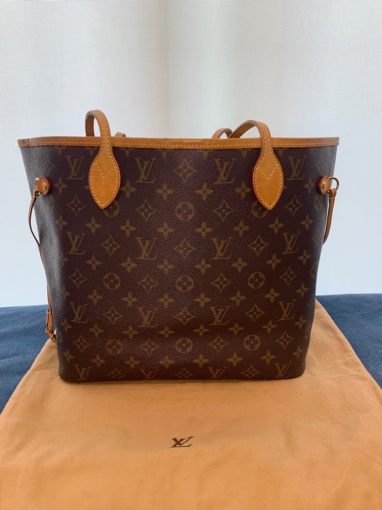 Authentic Louis Vuitton Neverfull MM Monogram Tote Bag Travel Purse + Lock Set