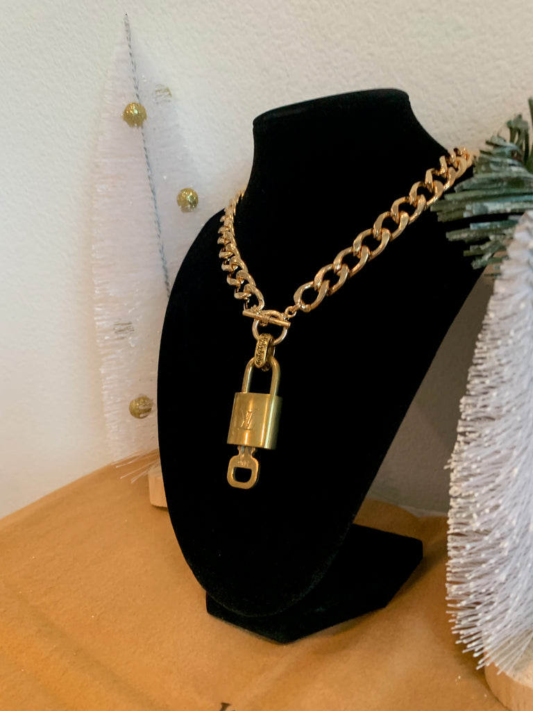 Gold Chunky 16 Inch Necklace with Toggle + Louis Vuitton Lock Set