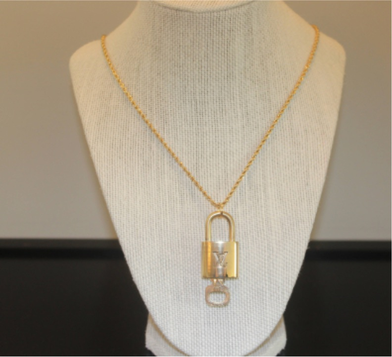 Gold Lock and Key Fob Necklace, Gold LV Lock and Key Vintage Round Ball Cable Chain Add on Lock/Key