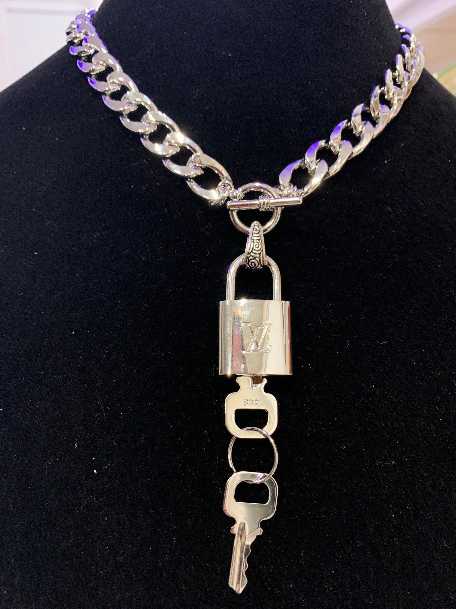 Reworked rare silver LV key charm toggle necklace