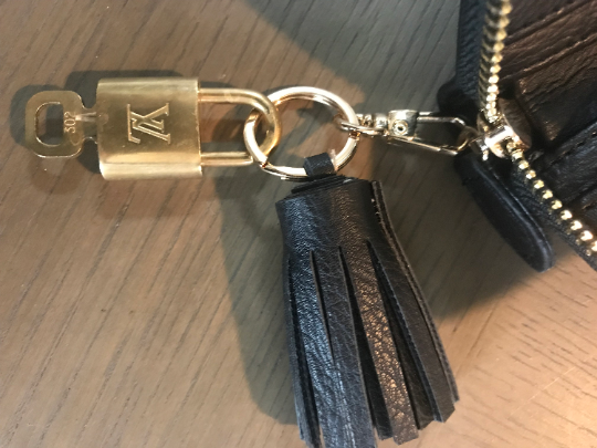 Black Faux Leather Wallet Keychain with Louis Vuitton Authentic Lock and Key