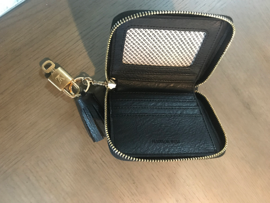 Black Faux Leather Wallet Keychain with Louis Vuitton Authentic Lock and Key