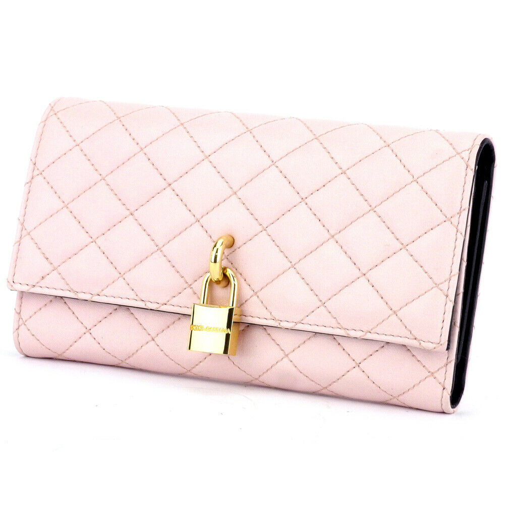 DOLCE & GABBANA Quilted Pink Leather Lock Card Wallet Clutch
